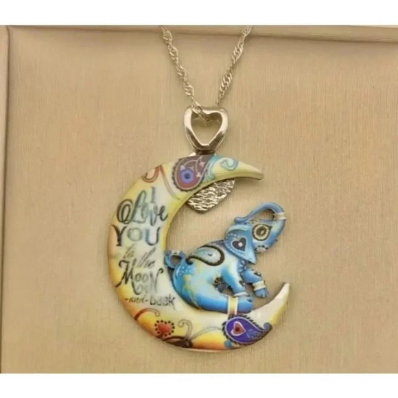 Kids Fancy Elephant on the Moon with Love Lettering Pendant Fashion Necklace - Picture 2 of 4